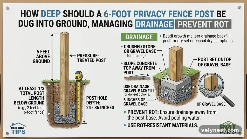 Managing Drainage to Prevent Rot - How Deep Should a 6-Foot Privacy Fence Post Be Dug into the Ground?